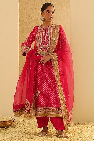 Hot Pink Upada Silk Pearl Embellished Bandhej Long A-Line Kurta Set by Sheetal Batra