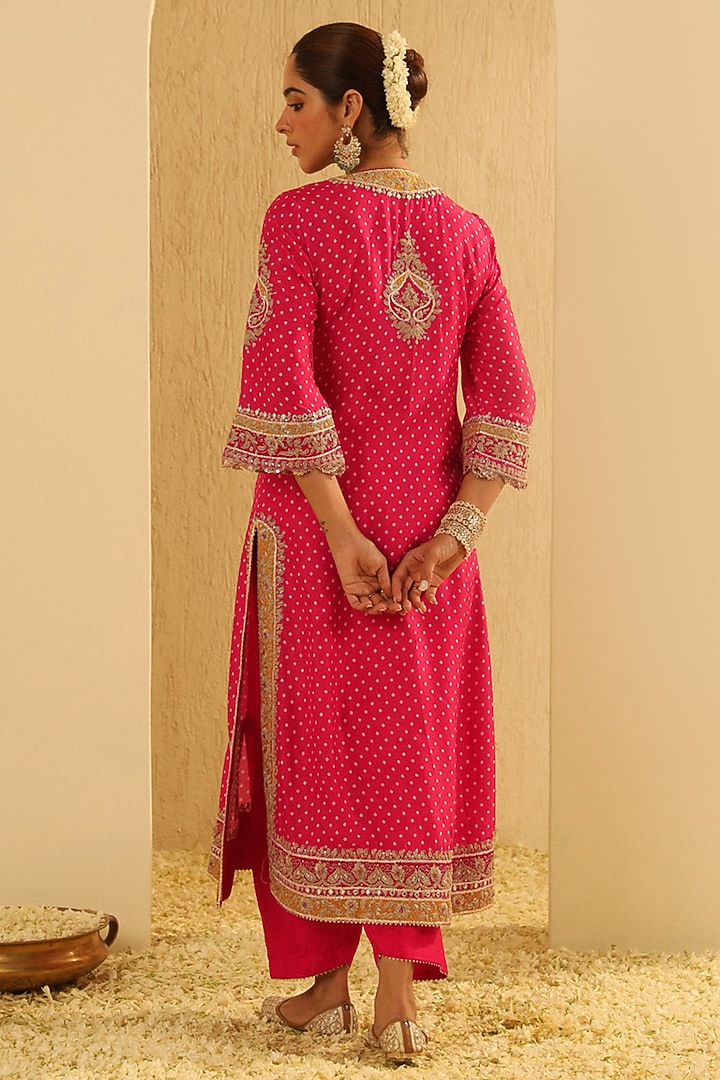 Hot Pink Upada Silk Pearl Embellished Bandhej Long A-Line Kurta Set by Sheetal Batra at Pernia's Pop Up Shop
