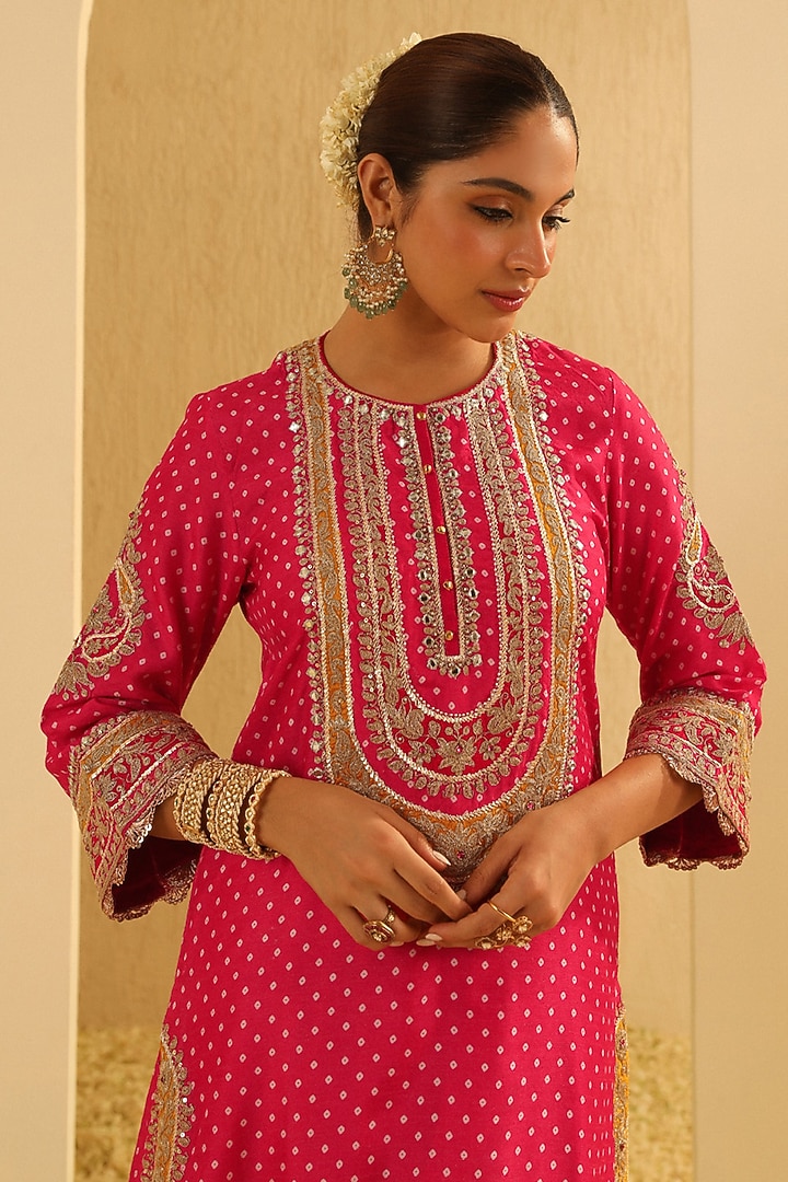 Hot Pink Upada Silk Pearl Embellished Bandhej Long A-Line Kurta Set by Sheetal Batra at Pernia's Pop Up Shop
