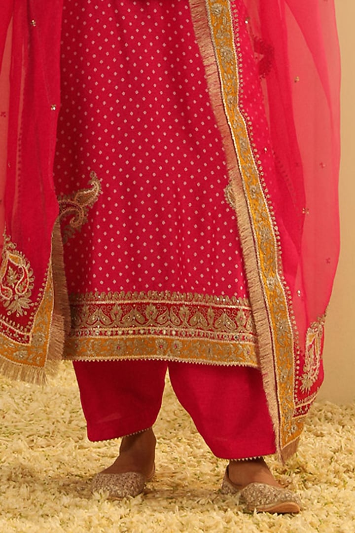 Hot Pink Upada Silk Pearl Embellished Bandhej Long A-Line Kurta Set by Sheetal Batra at Pernia's Pop Up Shop