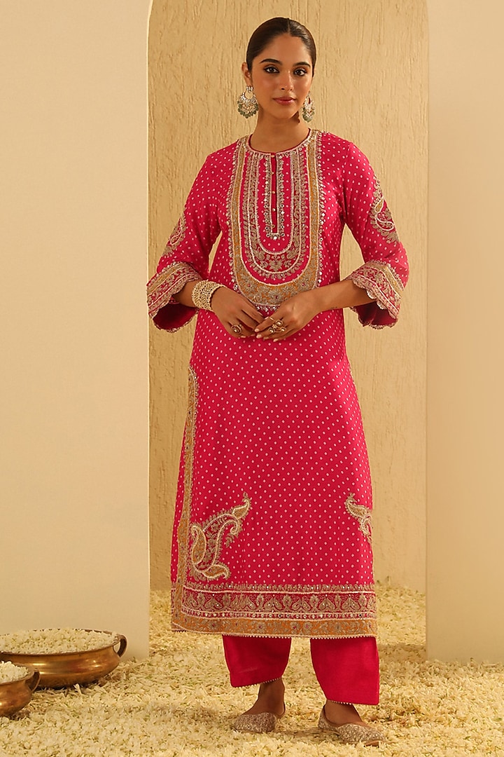 Hot Pink Upada Silk Pearl Embellished Bandhej Long A-Line Kurta Set by Sheetal Batra at Pernia's Pop Up Shop