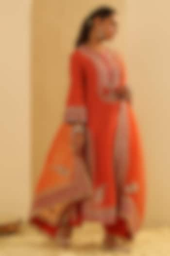 Orange Upada Silk Pearl Embellished Bandhej Long A-Line Kurta Set by Sheetal Batra