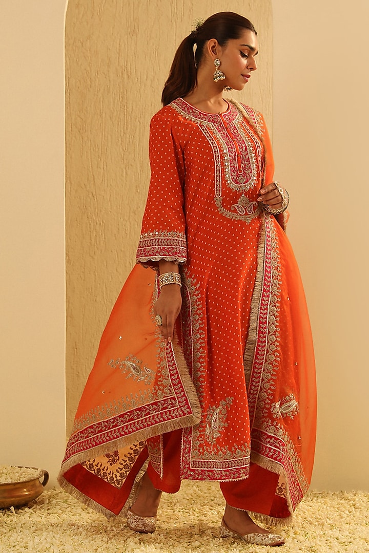 Orange Upada Silk Pearl Embellished Bandhej Long A-Line Kurta Set by Sheetal Batra