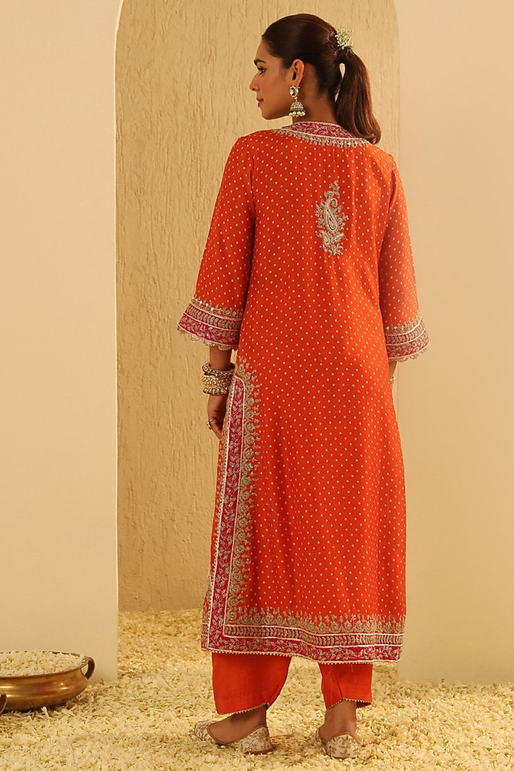 Orange Upada Silk Pearl Embellished Bandhej Long A-Line Kurta Set by Sheetal Batra at Pernia's Pop Up Shop