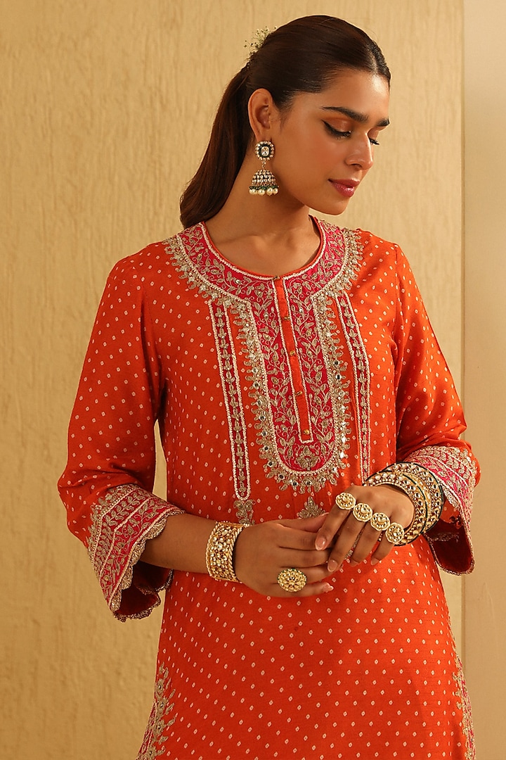 Orange Upada Silk Pearl Embellished Bandhej Long A-Line Kurta Set by Sheetal Batra at Pernia's Pop Up Shop