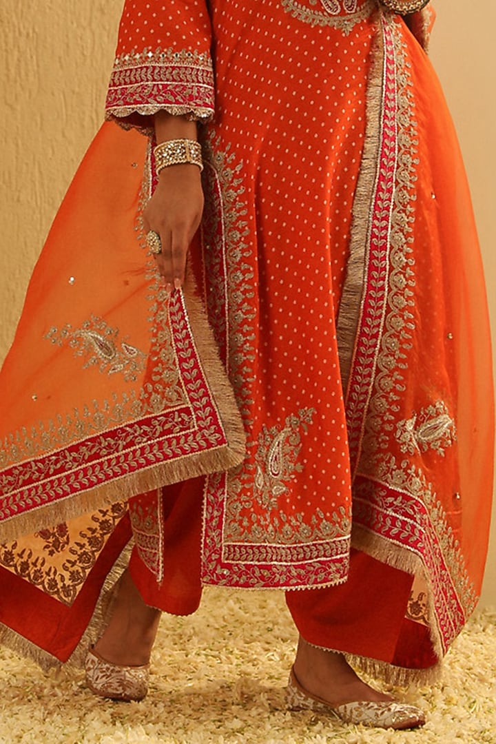 Orange Upada Silk Pearl Embellished Bandhej Long A-Line Kurta Set by Sheetal Batra at Pernia's Pop Up Shop