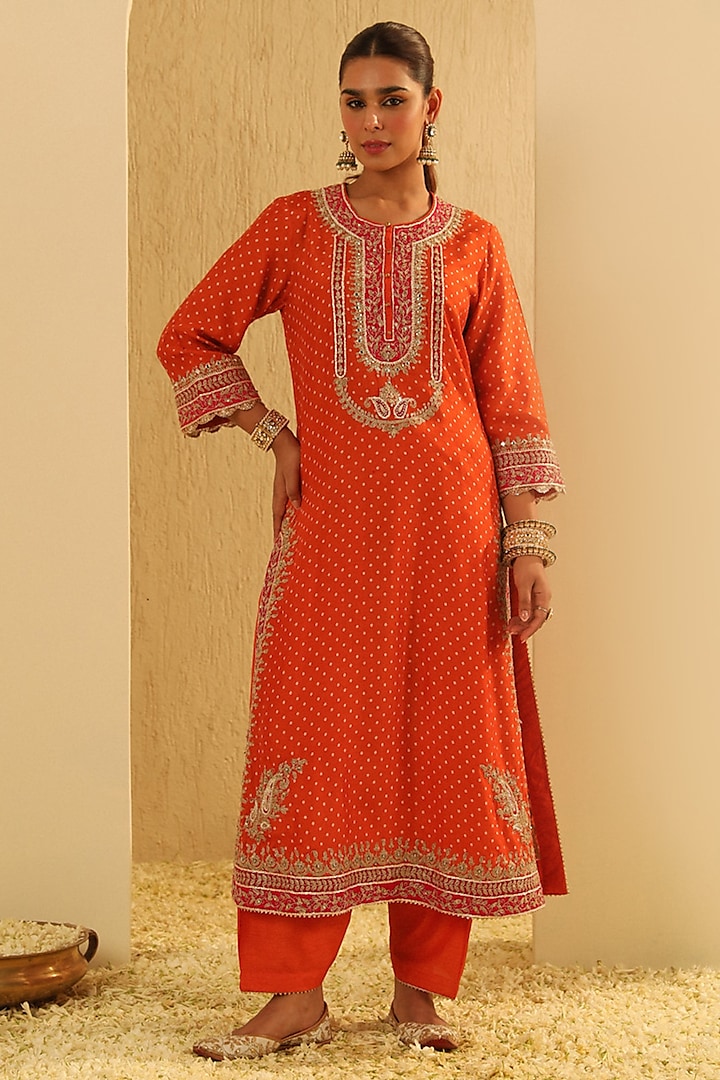 Orange Upada Silk Pearl Embellished Bandhej Long A-Line Kurta Set by Sheetal Batra at Pernia's Pop Up Shop