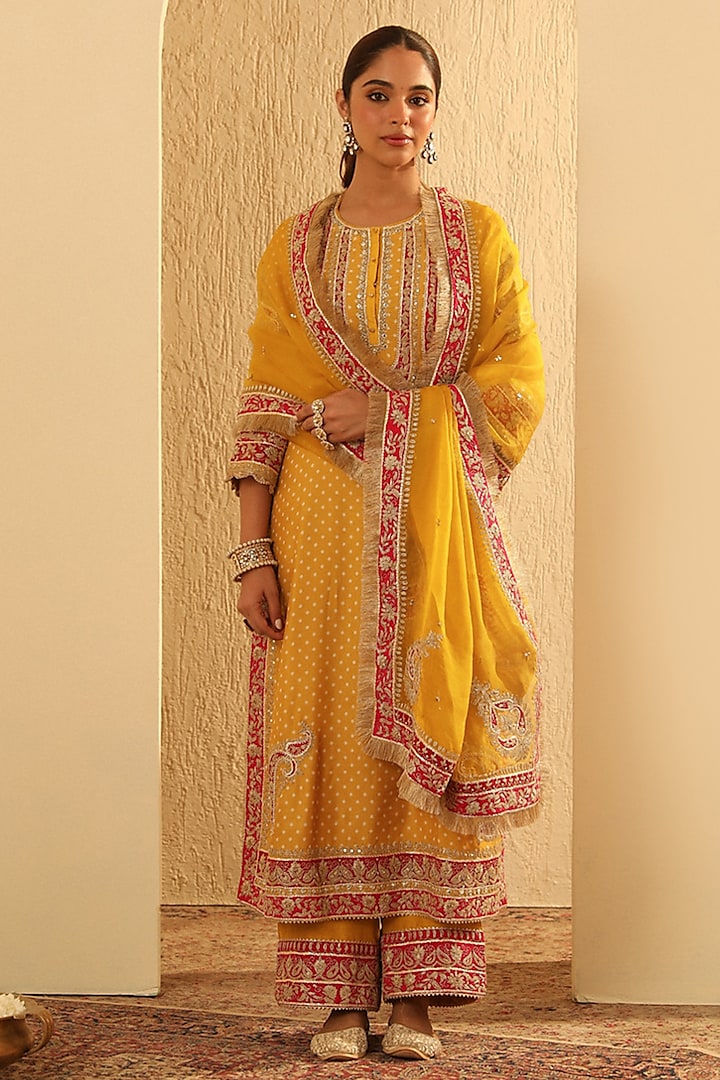 Mustard Upada Silk Pearl Embellished Bandhej Long A-Line Kurta Set by Sheetal Batra at Pernia's Pop Up Shop