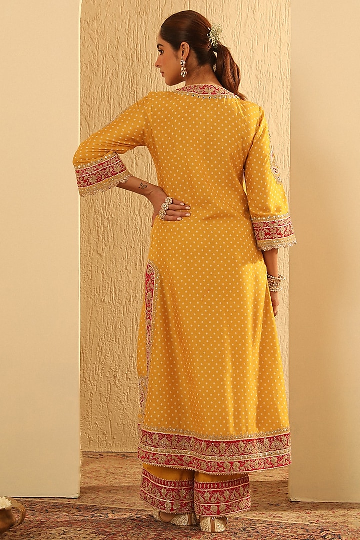 Mustard Upada Silk Pearl Embellished Bandhej Long A-Line Kurta Set by Sheetal Batra at Pernia's Pop Up Shop