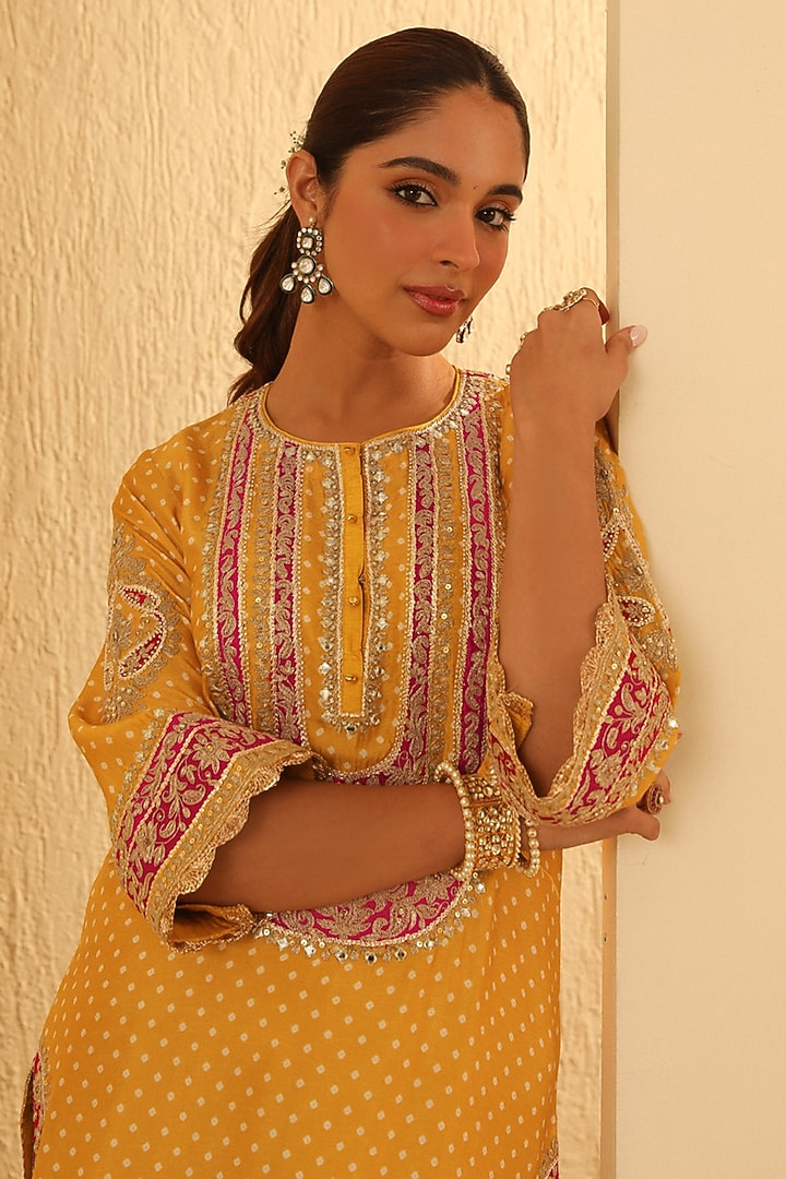 Mustard Upada Silk Pearl Embellished Bandhej Long A-Line Kurta Set by Sheetal Batra at Pernia's Pop Up Shop
