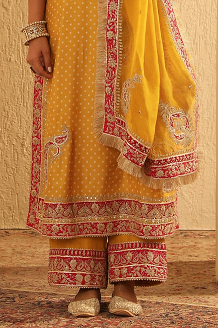 Mustard Upada Silk Pearl Embellished Bandhej Long A-Line Kurta Set by Sheetal Batra at Pernia's Pop Up Shop