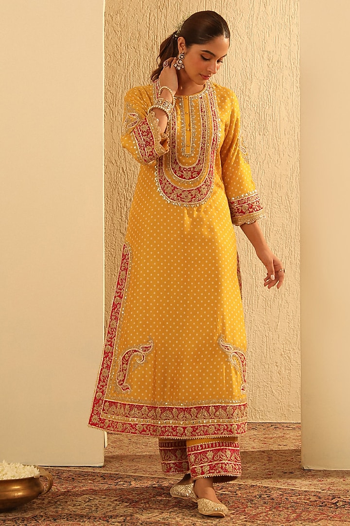 Mustard Upada Silk Pearl Embellished Bandhej Long A-Line Kurta Set by Sheetal Batra at Pernia's Pop Up Shop