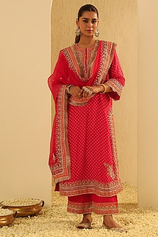 Red Upada Silk Pearl Embellished Bandhej Long A-Line Kurta Set by Sheetal Batra