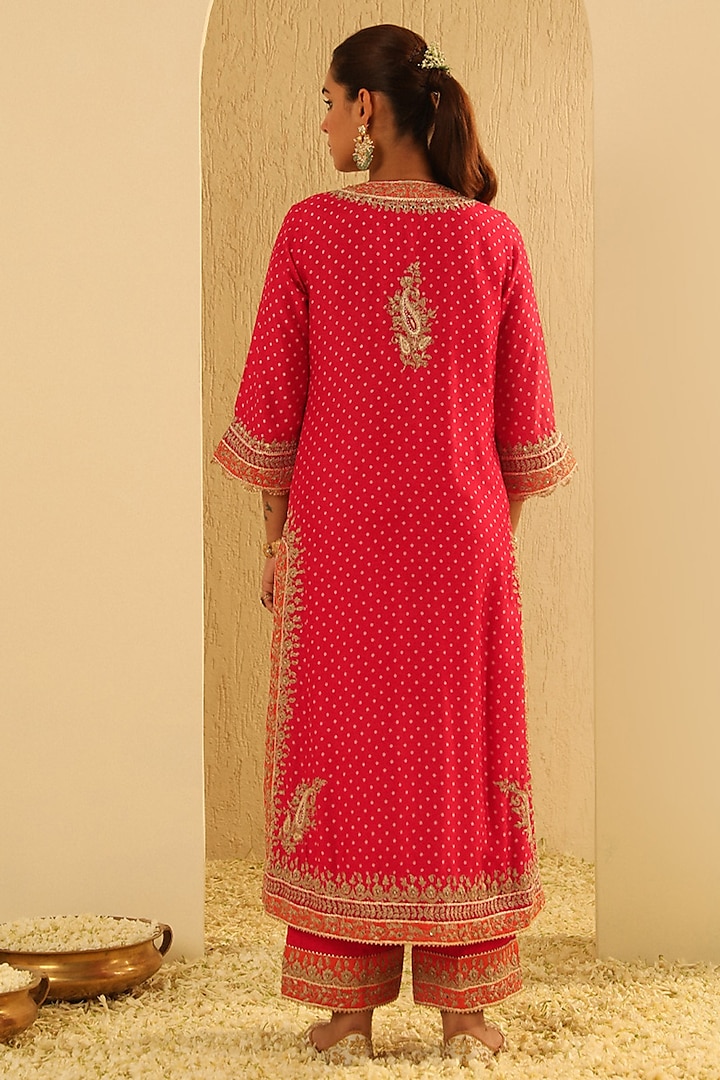 Red Upada Silk Pearl Embellished Bandhej Long A-Line Kurta Set by Sheetal Batra at Pernia's Pop Up Shop