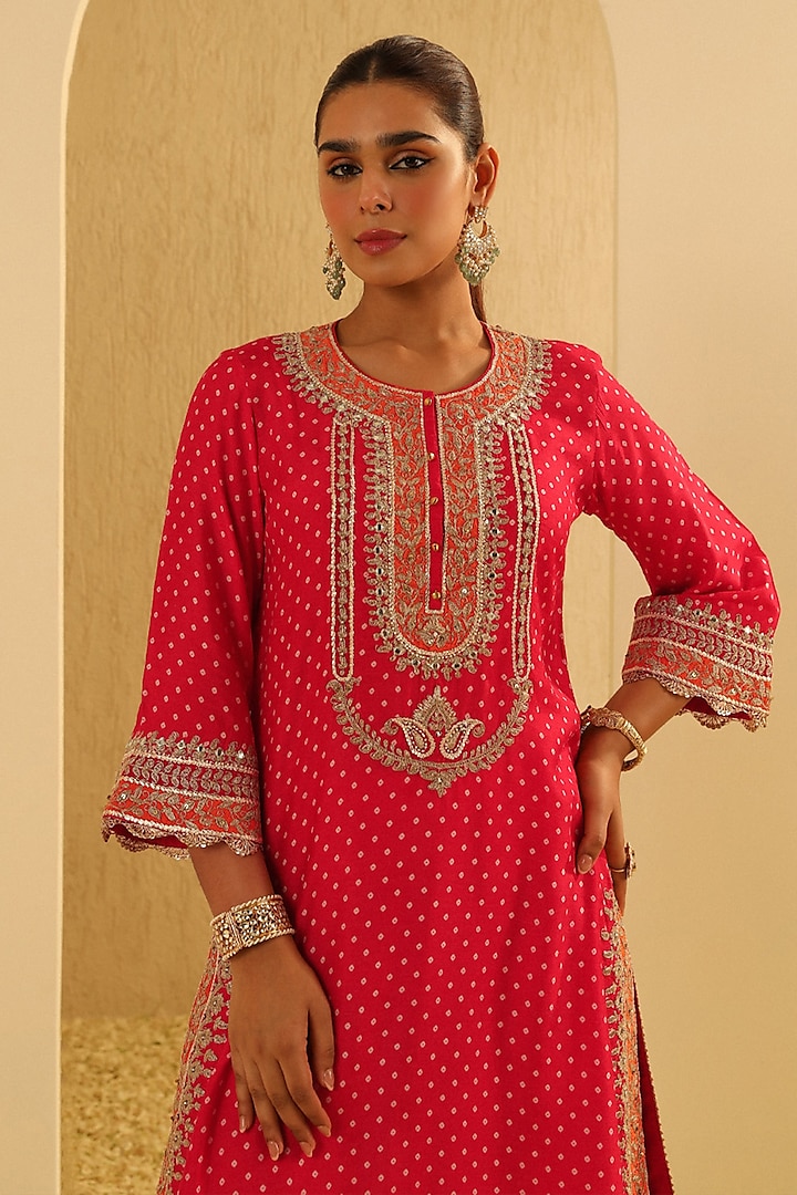 Red Upada Silk Pearl Embellished Bandhej Long A-Line Kurta Set by Sheetal Batra at Pernia's Pop Up Shop