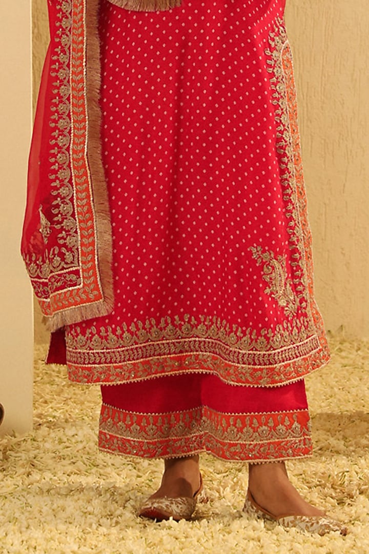 Red Upada Silk Pearl Embellished Bandhej Long A-Line Kurta Set by Sheetal Batra at Pernia's Pop Up Shop