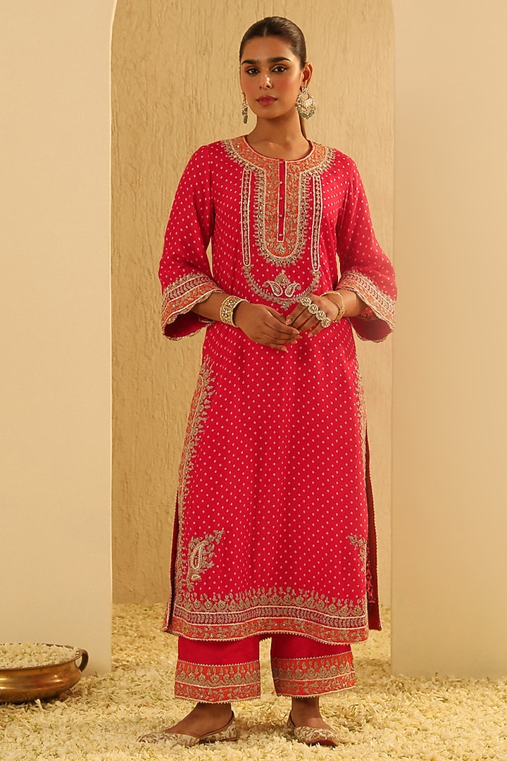 Red Upada Silk Pearl Embellished Bandhej Long A-Line Kurta Set by Sheetal Batra at Pernia's Pop Up Shop