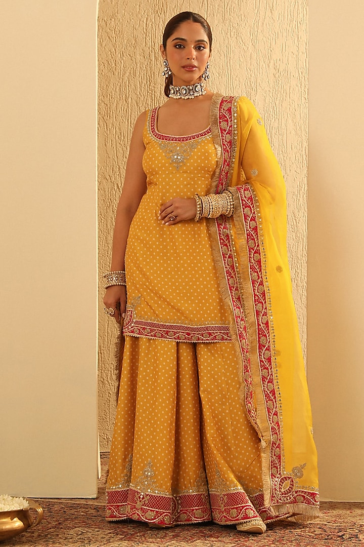 Mustard Upada Silk Kashmiri Tilla Embroidered Bandhej Sharara Set by Sheetal Batra