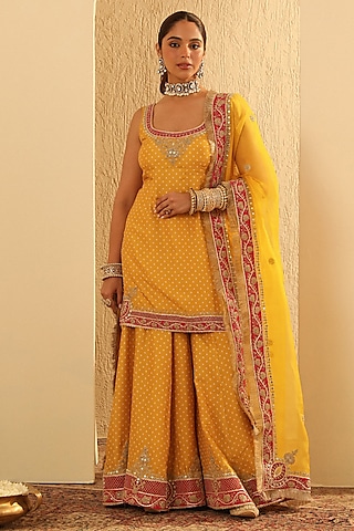 Mustard Upada Silk Kashmiri Tilla Embroidered Bandhej Sharara Set by Sheetal Batra