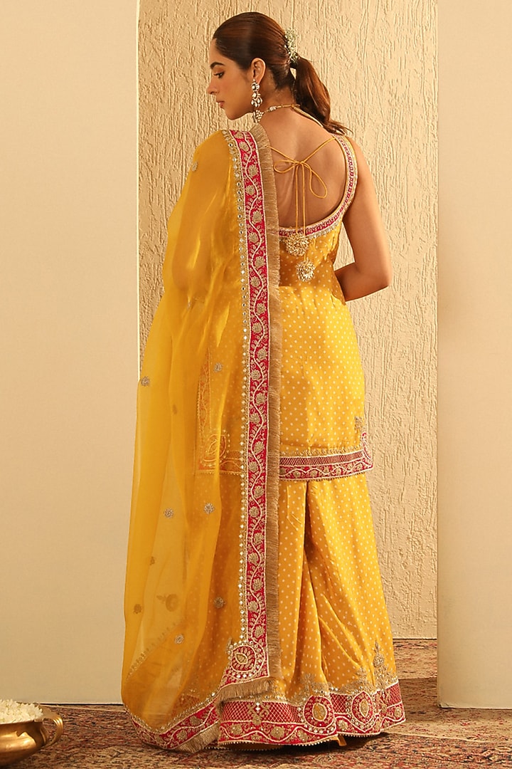 Mustard Upada Silk Kashmiri Tilla Embroidered Bandhej Wedding Sharara Set by Sheetal Batra at Pernia's Pop Up Shop