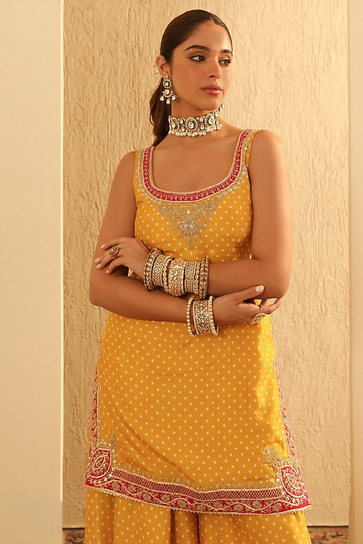 Mustard Upada Silk Kashmiri Tilla Embroidered Bandhej Wedding Sharara Set by Sheetal Batra at Pernia's Pop Up Shop