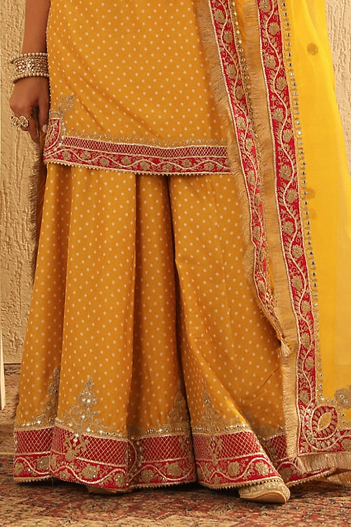 Mustard Upada Silk Kashmiri Tilla Embroidered Bandhej Wedding Sharara Set by Sheetal Batra at Pernia's Pop Up Shop