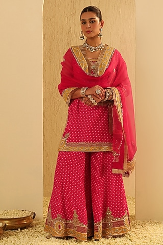 Hot Pink Upada Silk Kashmiri Tilla Embroidered Bandhej Sharara Set by Sheetal Batra
