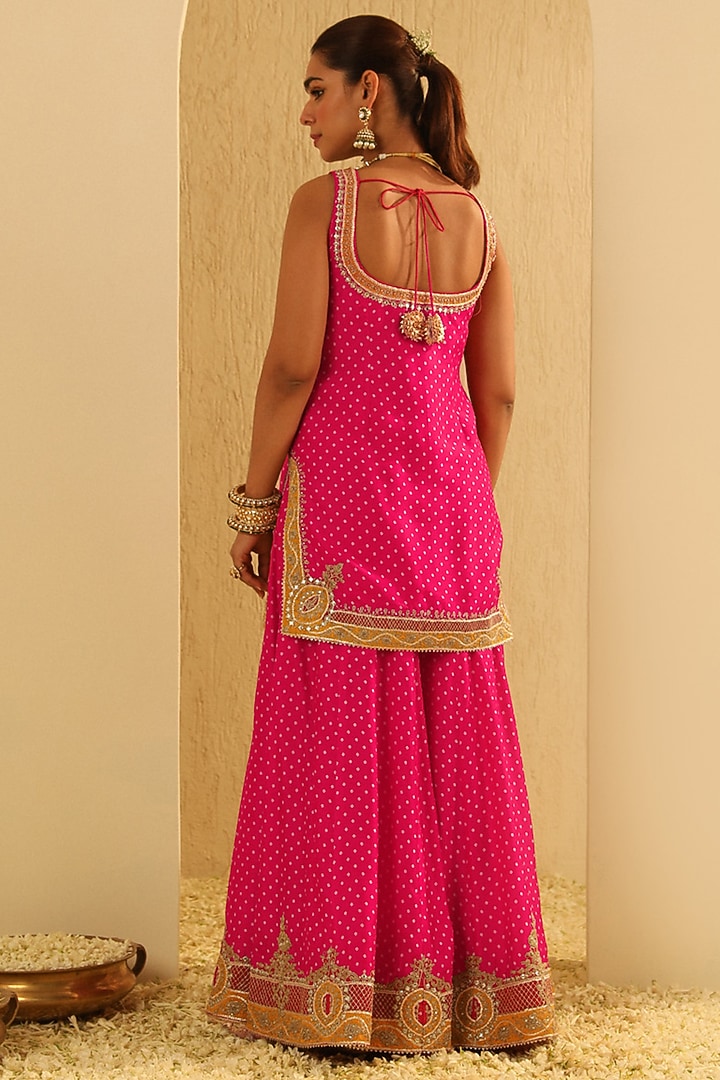 Hot Pink Upada Silk Kashmiri Tilla Embroidered Bandhej Wedding Sharara Set by Sheetal Batra at Pernia's Pop Up Shop