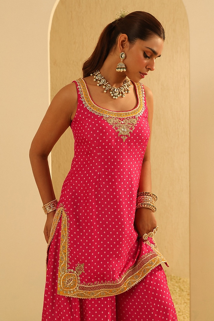 Hot Pink Upada Silk Kashmiri Tilla Embroidered Bandhej Wedding Sharara Set by Sheetal Batra at Pernia's Pop Up Shop