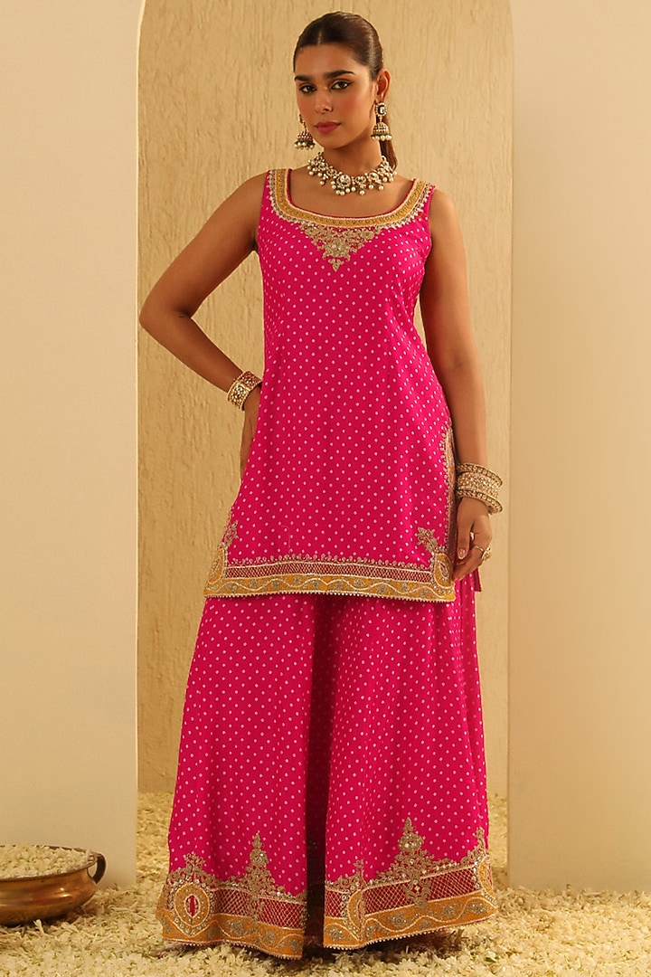 Hot Pink Upada Silk Kashmiri Tilla Embroidered Bandhej Wedding Sharara Set by Sheetal Batra at Pernia's Pop Up Shop