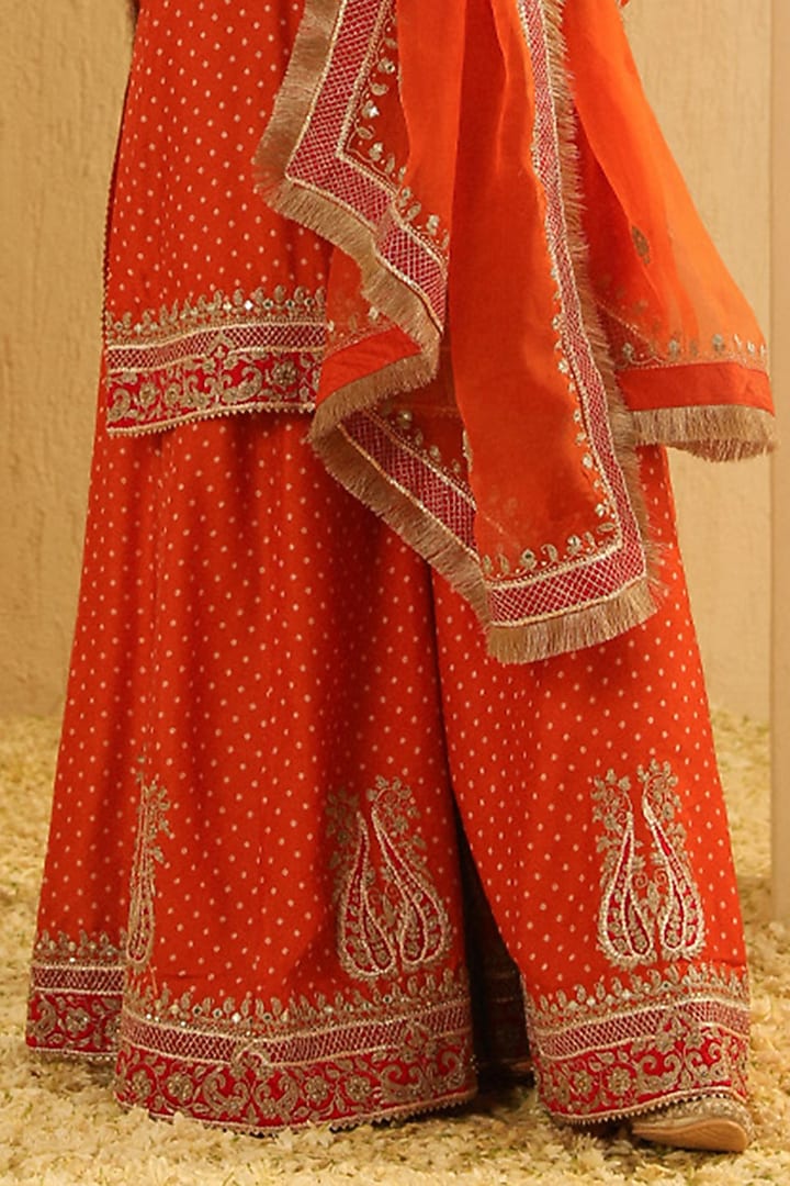 Orange Upada Silk Kashmiri Tilla Embroidered Bandhej Wedding Sharara Set by Sheetal Batra at Pernia's Pop Up Shop