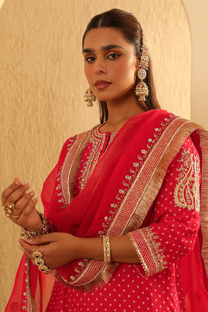 Red Upada Silk Kashmiri Tilla Embroidered Bandhej Wedding Sharara Set by Sheetal Batra at Pernia's Pop Up Shop