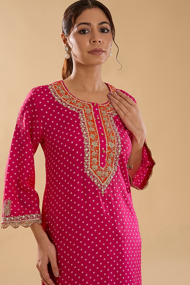 Hot Pink Upada Silk Kashmiri Tilla Embroidered Kurta Set by Sheetal Batra at Pernia's Pop Up Shop