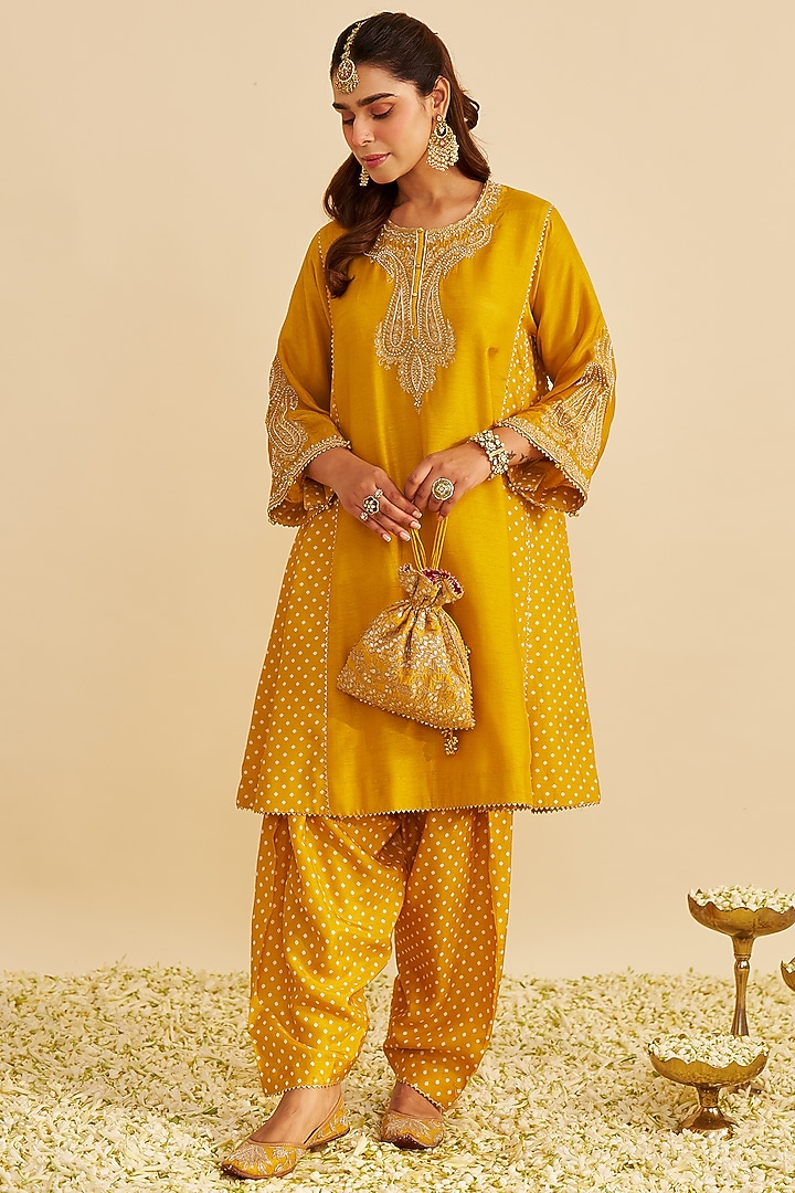 Mustard Pure Upada Silk Zardosi Embroidered Short Kurta Set by Sheetal Batra at Pernia's Pop Up Shop