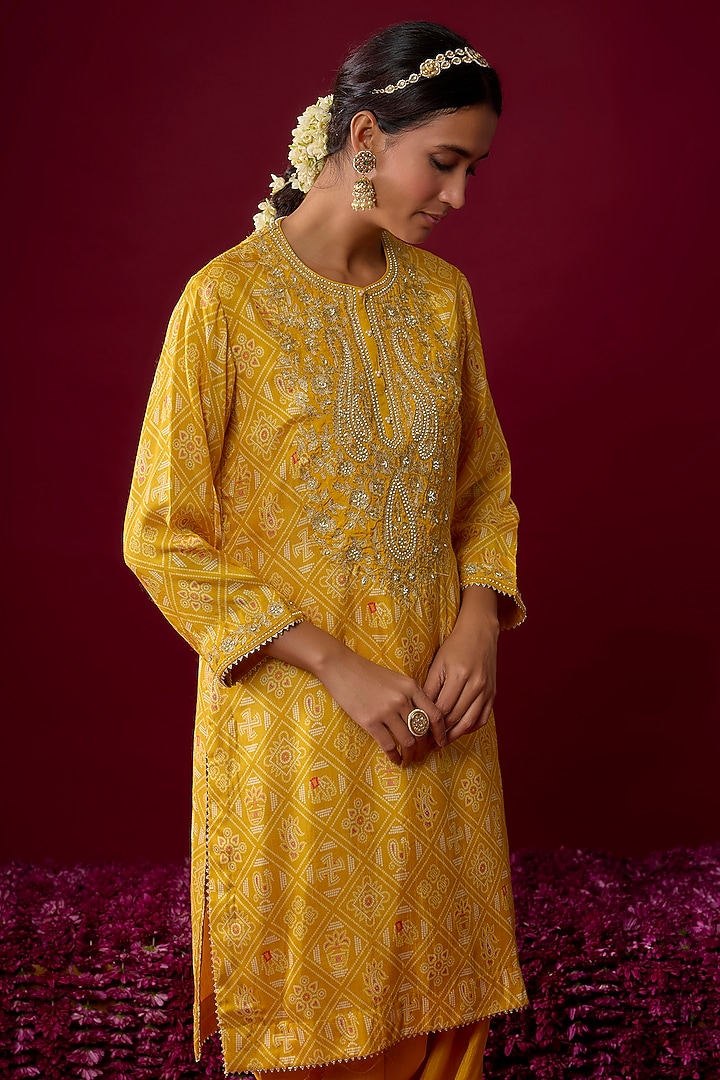 Mustard Yellow Upada Silk Tilla Embroidered Kurta Set by Sheetal Batra at Pernia's Pop Up Shop