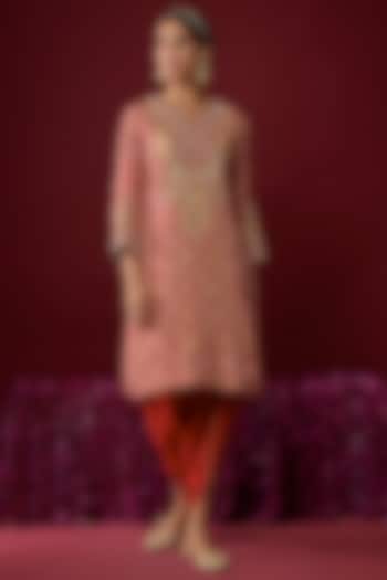 Deep Red Upada Silk Aari Tilla Embroidered Kurta Set by Sheetal Batra at Pernia's Pop Up Shop