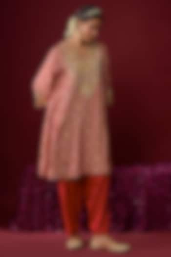 Deep Red Upada Silk Aari Embroidered Chauga Kurta Set by Sheetal Batra at Pernia's Pop Up Shop