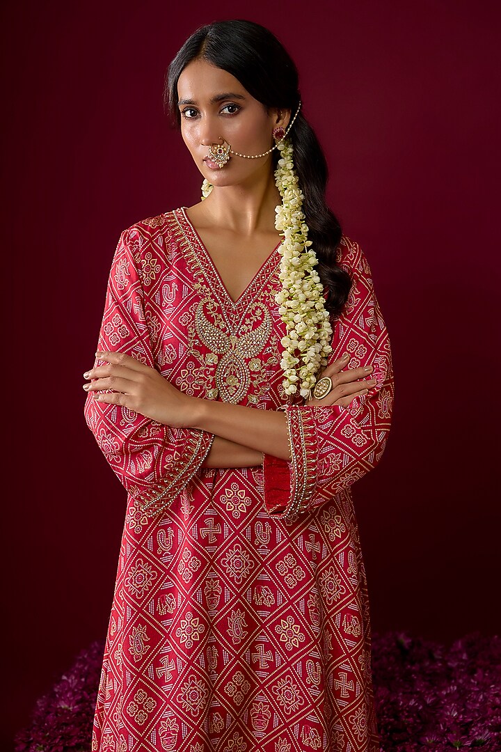 Deep Red Upada Silk Gota Embroidered Kaftan Kurta Set by Sheetal Batra at Pernia's Pop Up Shop
