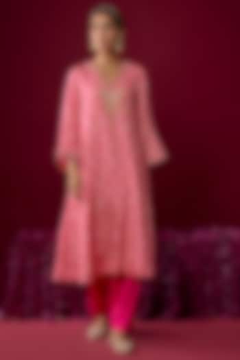 Hot Pink Upada Silk Gota Embroidered Kaftan Kurta Set by Sheetal Batra at Pernia's Pop Up Shop