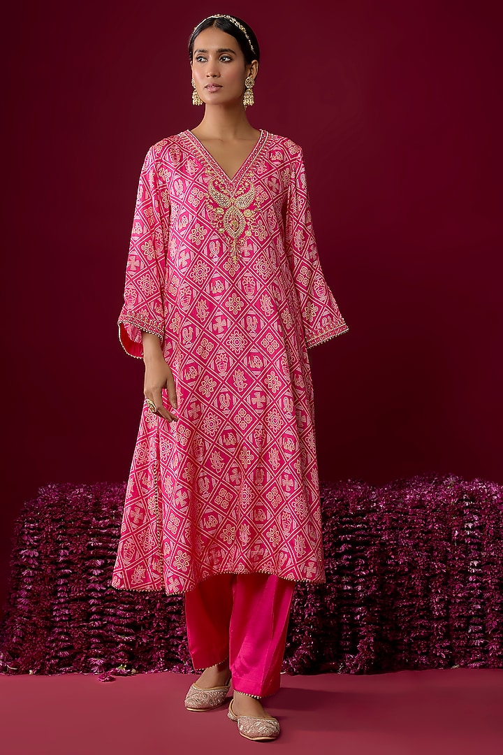 Hot Pink Upada Silk Gota Embroidered Kaftan Kurta Set by Sheetal Batra at Pernia's Pop Up Shop