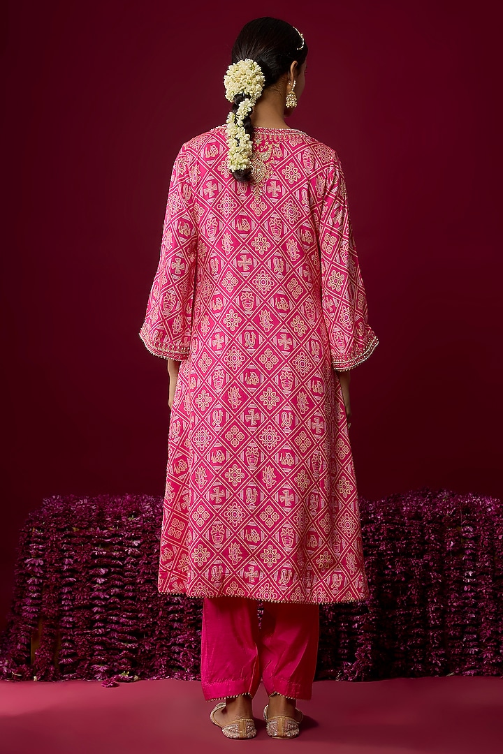 Hot Pink Upada Silk Gota Embroidered Kaftan Kurta Set by Sheetal Batra at Pernia's Pop Up Shop