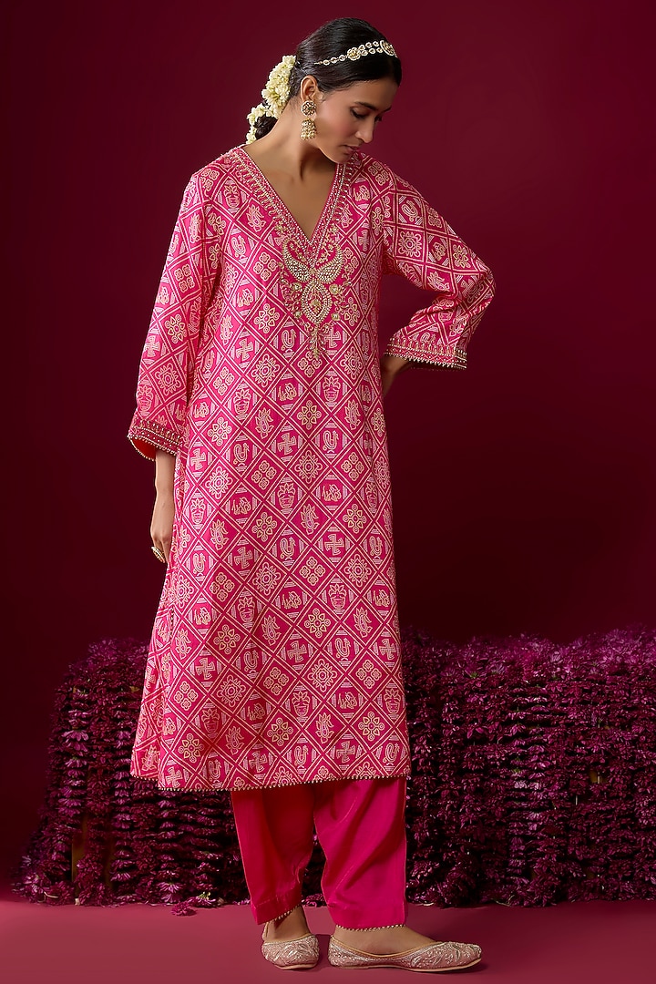 Hot Pink Upada Silk Gota Embroidered Kaftan Kurta Set by Sheetal Batra at Pernia's Pop Up Shop