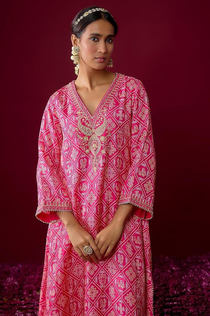 Hot Pink Upada Silk Gota Embroidered Kaftan Kurta Set by Sheetal Batra at Pernia's Pop Up Shop