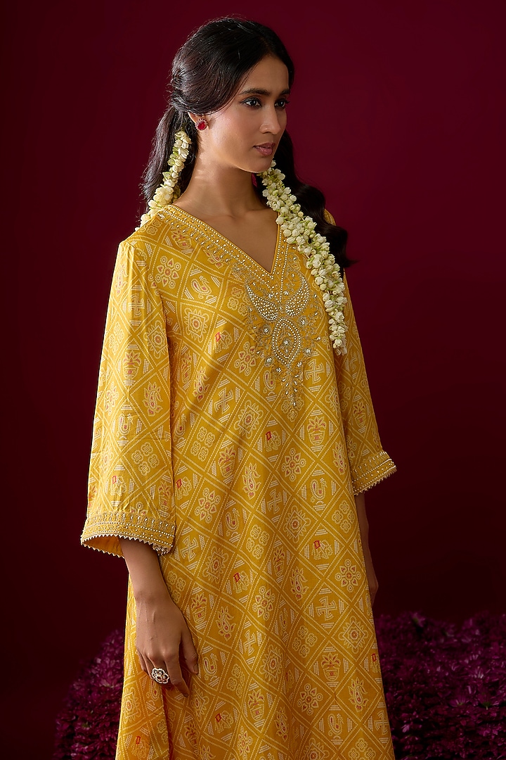 Mustard Yellow Upada Silk Gota Embroidered Kaftan Kurta Set by Sheetal Batra at Pernia's Pop Up Shop