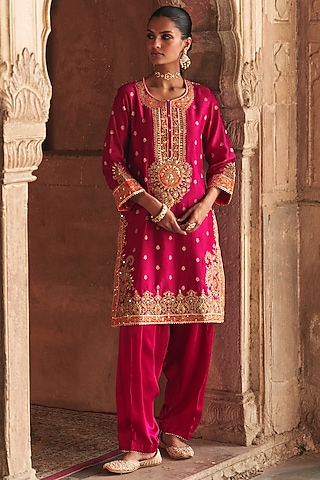 Hot Pink Silk Chanderi Banarasi Gota Patti Embroidered Kurta Set by Sheetal Batra