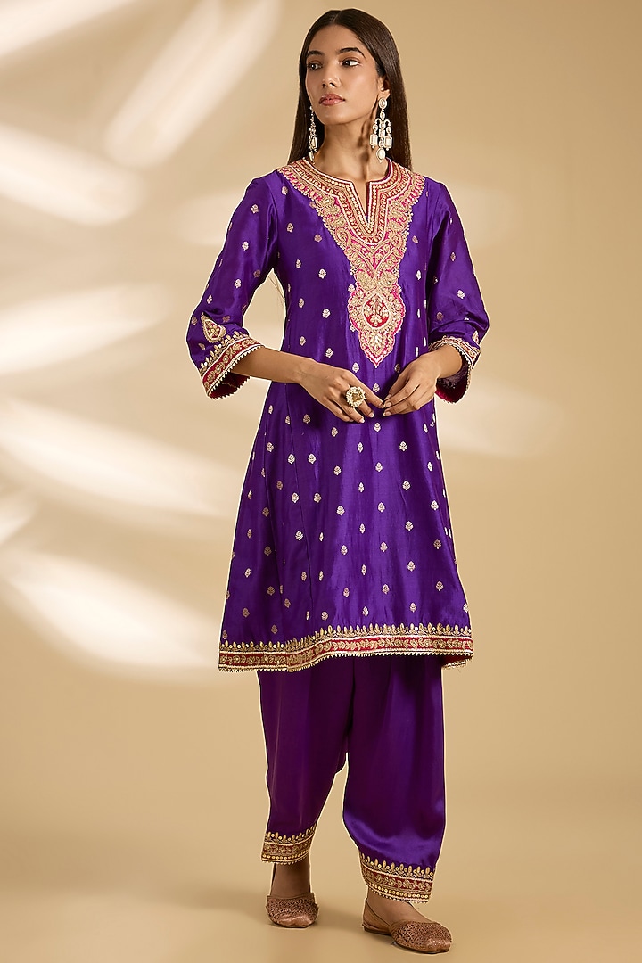 Deep Purple Chanderi Silk Gota Patti Embroidered Kurta Set by Sheetal Batra at Pernia's Pop Up Shop