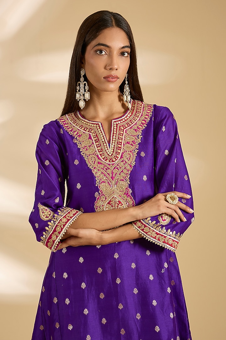 Deep Purple Chanderi Silk Gota Patti Embroidered Kurta Set by Sheetal Batra at Pernia's Pop Up Shop