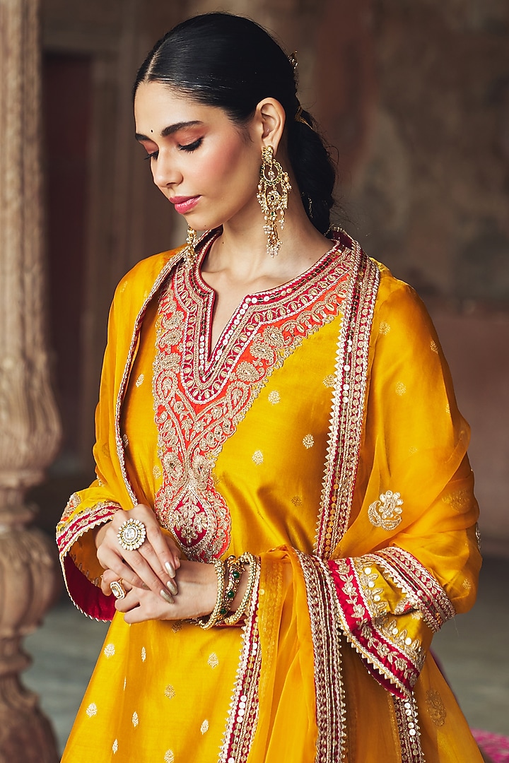 Mustard Silk Chanderi Banarasi Gota Patti Embroidered Kurta Set by Sheetal Batra at Pernia's Pop Up Shop