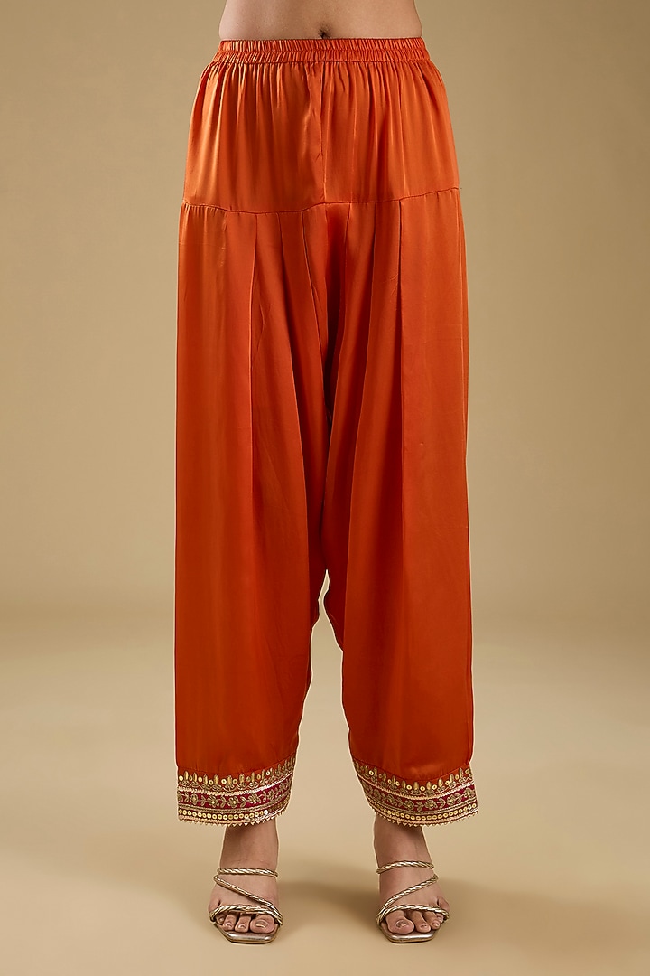 Burnt Orange Pure Silk Chanderi Banarasi Sequin Embroidered Kurta Set by Sheetal Batra at Pernia's Pop Up Shop