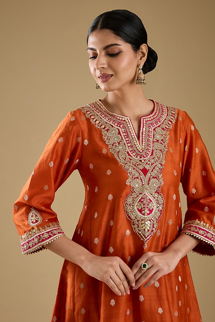 Burnt Orange Pure Silk Chanderi Banarasi Sequin Embroidered Kurta Set by Sheetal Batra at Pernia's Pop Up Shop